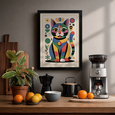 Geometric Feline Folk Retro - Framed Print