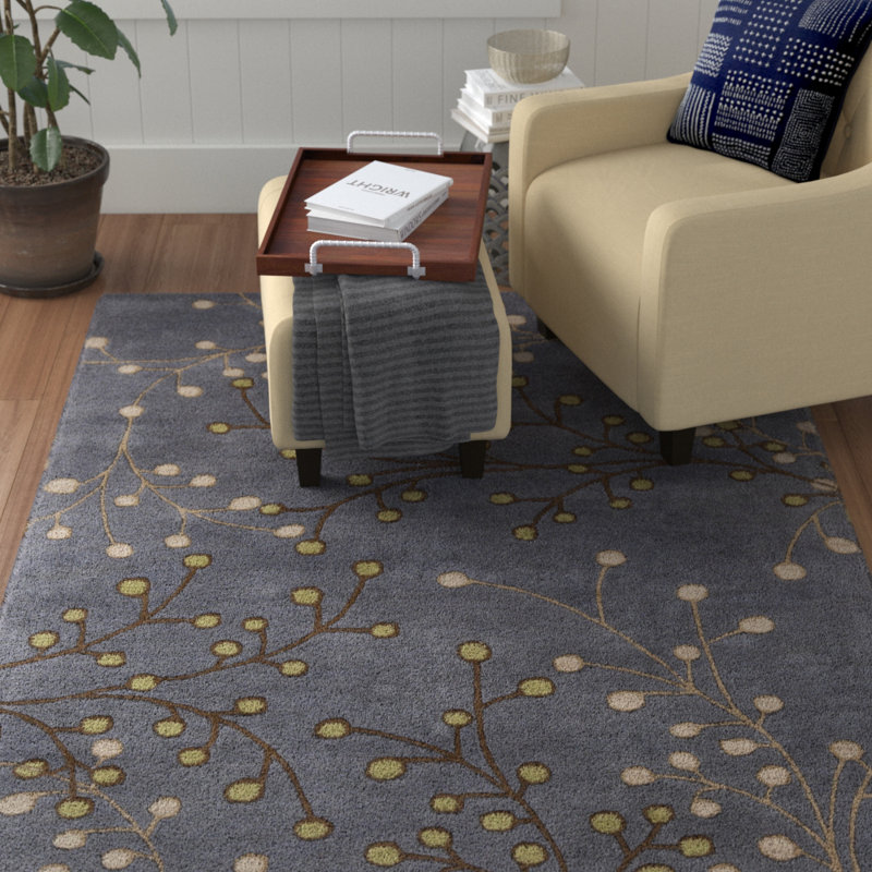 Tapis bleu marine en laine touffeté à la main Elsberry, Bleu gris, Rectangle 12 pi x 15 pi