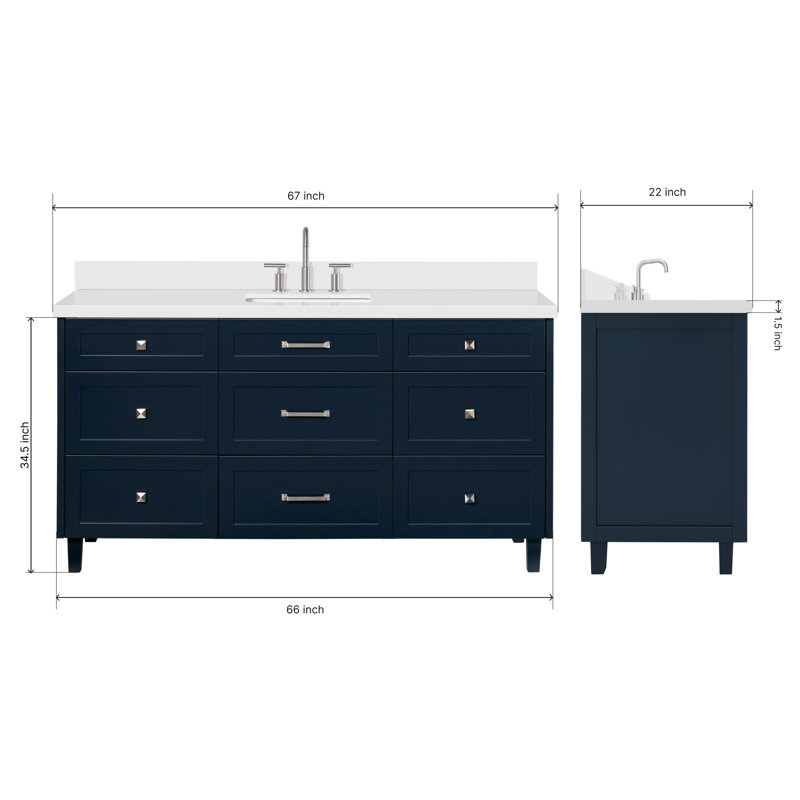 ARIEL Monroe 48 Single Sink Bathroom Vanity with Carrara Quartz Top, Midnight Blue, 48" - 49", Pure White Quartz