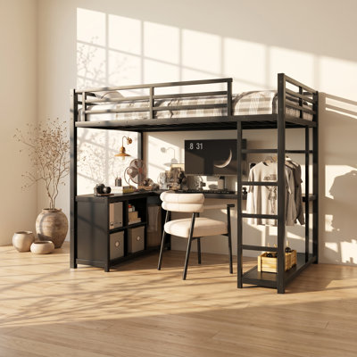 Bonwell 56.6" W x 76.7" D x 68.8" H Full Metal Loft Bed with L-Shaped Desk and Wardrobe
