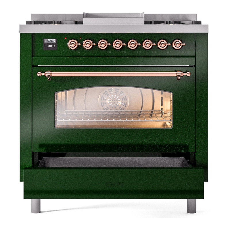 ILVE Nostalgie II 36 Dual Fuel Range, knobs, Emerald Green/Copper, Natural Gas