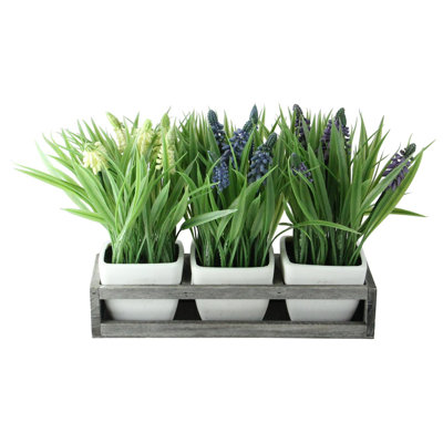 Vase décoratif lavande avec plateau en bois patiné blanc cassé 9,5 "