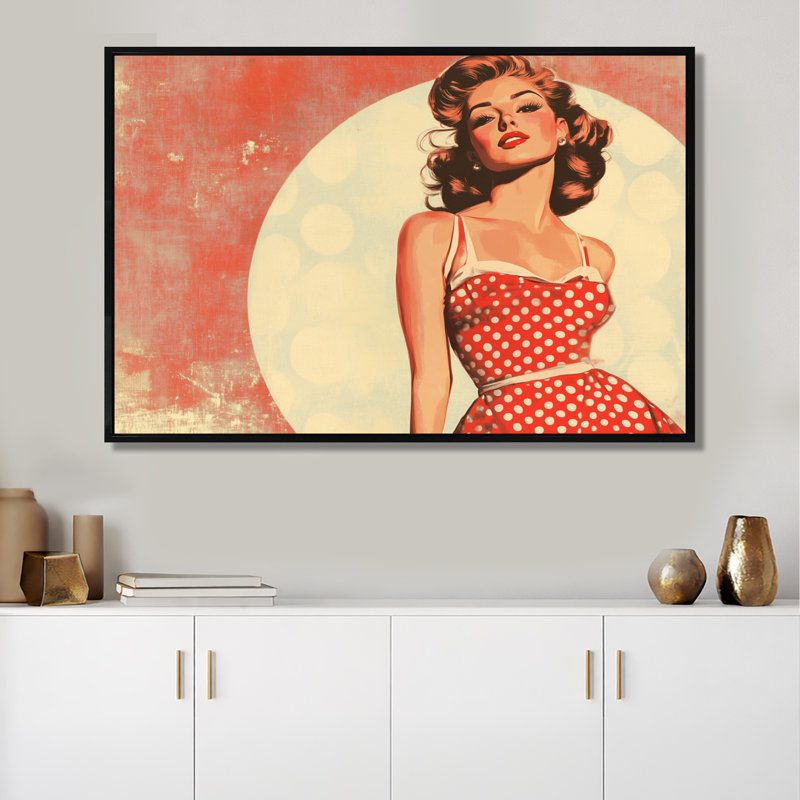 Pin-up à pois - Décoration murale encadrée rouge rétro Americana, H 30 po x l 40 po, Black Floater Framed