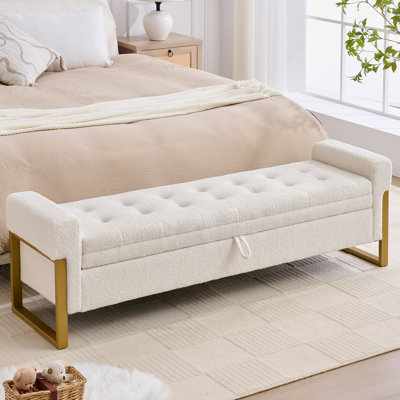 Banc de rangement rembourré 67 po en velours pour chambre à coucher avec pattes dorées