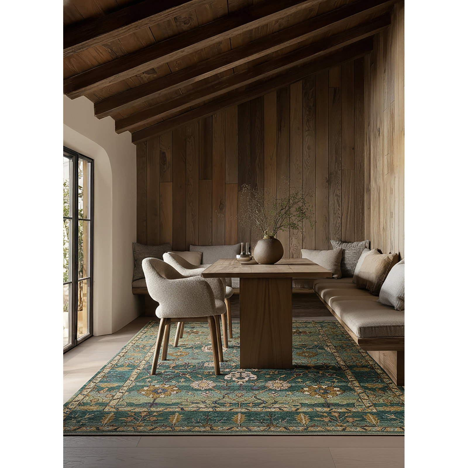 Corla Green Tan Blue Hand-Tufted Wool Floral Rug, Rectangle 8' x 10'