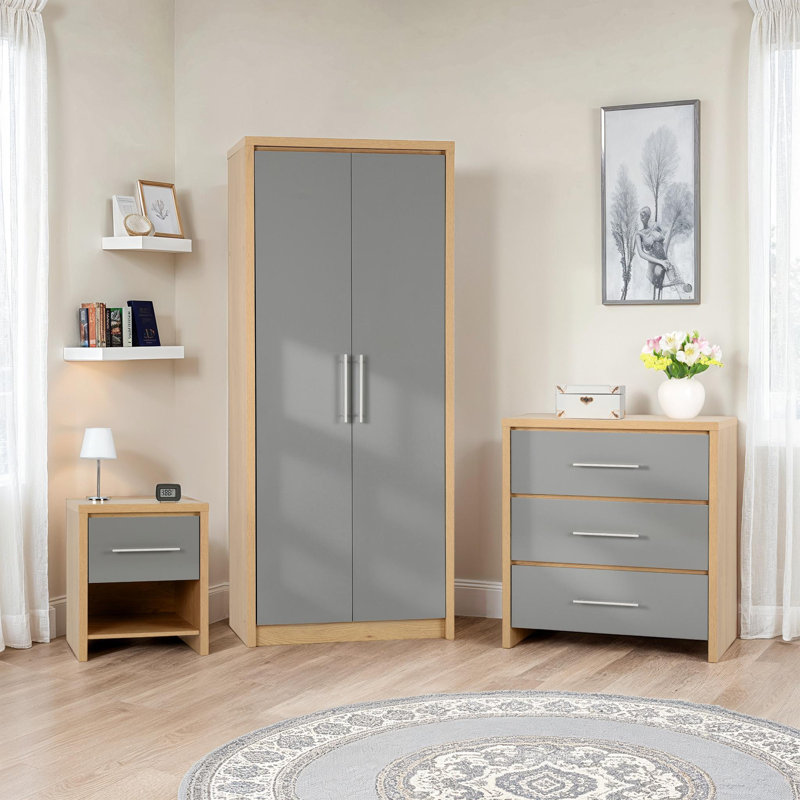 Louisa 3 Piece Bedroom Set, Light Oak Veneer/Grey High Gloss