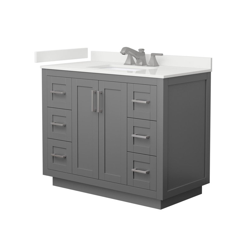 Meuble-lavabo simple autoportant 42 po avec plateau en quartz Miranda, Quartz blanc, Gris foncé, Nickel brossé