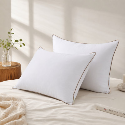 Grey Goose Feather and Down Bed Pillows with Brown Piping, Made in USA (Set of 2)