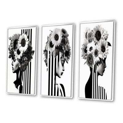 Vintage Minimalism Striped Woman White Flowers III - Woman Floral Art Set Of 3 Pieces
