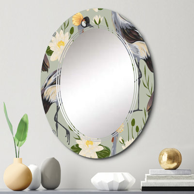 Crane Bird Wall Mirror, Water Lily Decorative Mirror - Crane Bird And Water Lilys On Grey