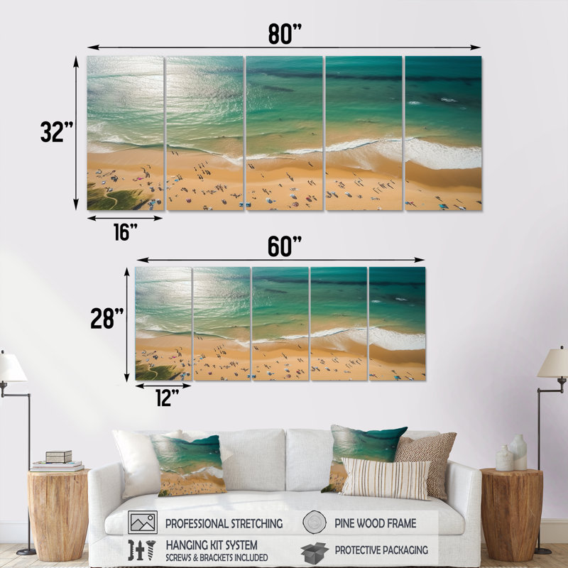 «Coastal Waves Aérienne II», art mural plage et océan 5 pièces, H 32 po x l 80 po