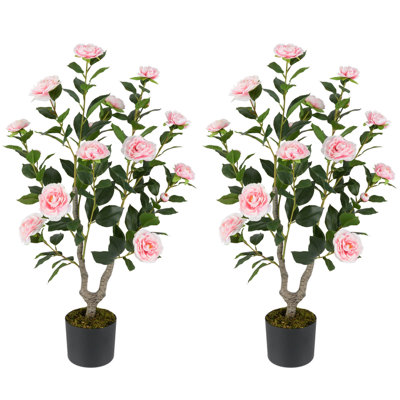 2 Pcs 36" Artificial Camellia Tree Fake Potted Tree Greenery Floral Plant Modern