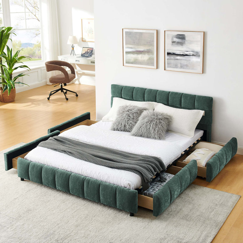 Grand lit plateforme tapissier avec tissu en chenille doux, tiroirs de rangement et conception moderne au sol pour un confort accru