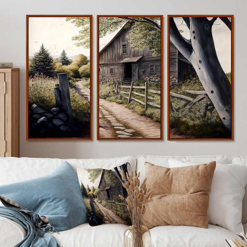 Charmant chalet et chemin II - 3 pièces, reproduction sur toile, H 32 po x l 48 po x P 1 po, Cadre flottant brun