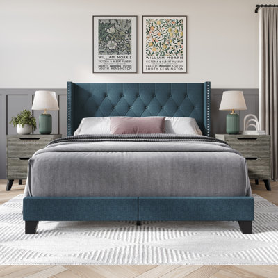 Castle Place Wingback Bed Set with Two Nightstands, Linen