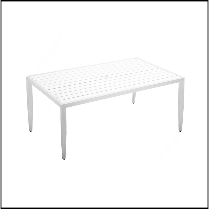 Table de salle à manger d'extérieur rectangulaire en aluminium à deux tons avec pieds fuselés, trou pour parasol et design moderne
