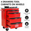 Chariot à outils multifonctionnel à 4 tiroirs rouge et noir avec roulettes et couvercle en acier inoxydable, pour le rangement dans un garage, la fonction de freinage, une poignée à tirer d'un côté, des tiroirs à roulement de charge de 15 kg,-888587590