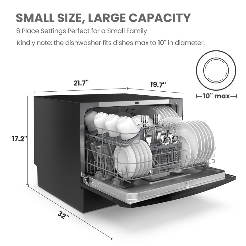 Lave-vaisselle de comptoir COMFEE, lave-vaisselle portatif Energy Star, 6 couverts et 8 programmes de lavage, Rapide, Soins pour bébé, Éco et Verres, Lave-vaisselle pour dortoir, VR et appartement, Noir