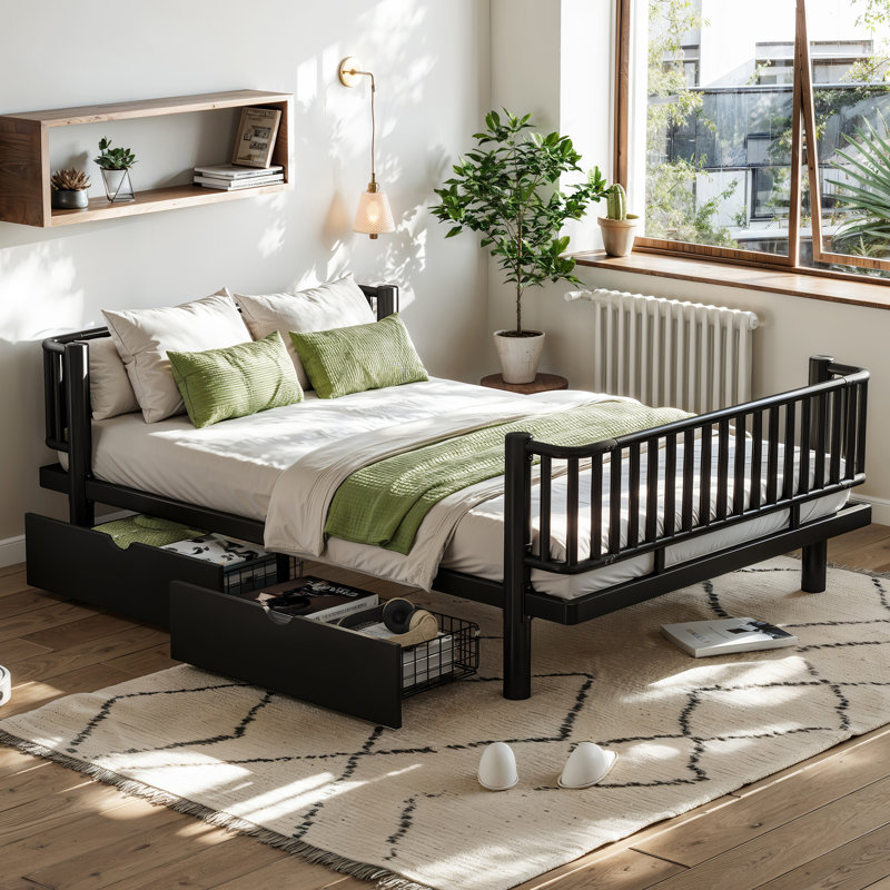 Lit plateforme double avec tiroirs de rangement, structure de lit de jour en métal, conception de tuyau rond de sécurité améliorée, profil bas, BlackNoBoxSpring