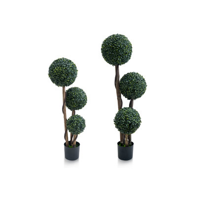 Topiaire de buis artificiel réaliste à trois boules - plante artificielle de 45 pouces pour la décoration intérieure et extérieure, boule de gazon en pot Milan - vert foncé, trois boules 45 po