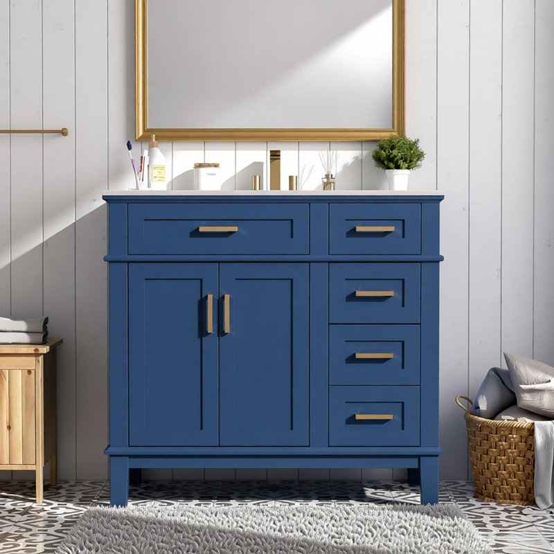Meuble-lavabo moderne 36 po avec lavabo en céramique, porte à fermeture en douceur et 4 tiroirs de rangement, Marine
