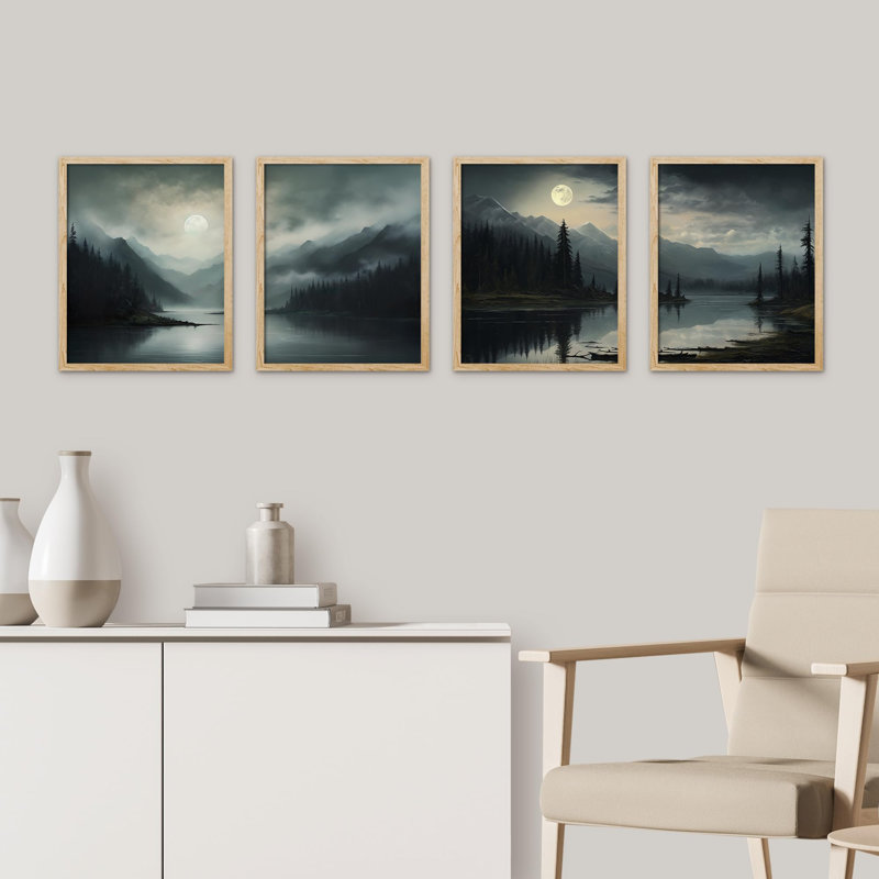 Mystical Moonlit Mountain Scenery Tranquil Night 4 pièces, Naturel, H 10 po x l 8 po
