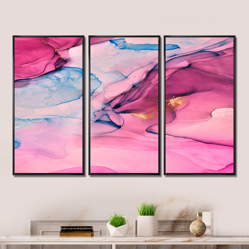 «Pink and Blue Abstract Marble I», ensemble de 3 reproductions sur toile flottantes, Cadre noir, H 28 po x l 36 po x P 1 po
