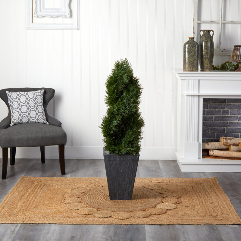 4ft. Cypress Double Spiral Topiary Artificial Tree in Slate Planter UV Resistant (Indoor/Outdoor)