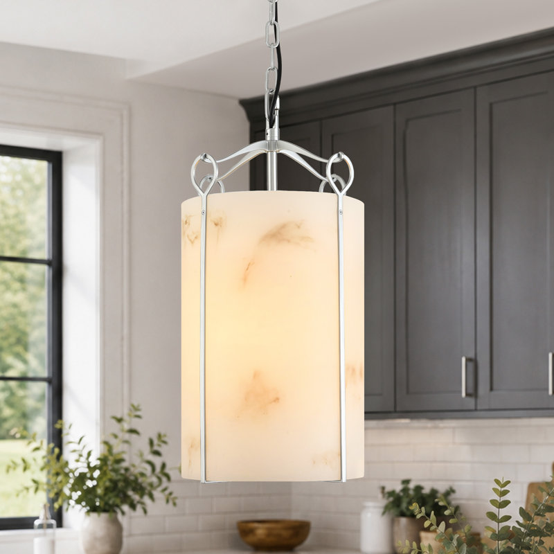 Luminaire suspendu pour îlot de cuisine à 1 lumière de 9,8 po de diamètre avec abat-jour en faux albâtre, Silver