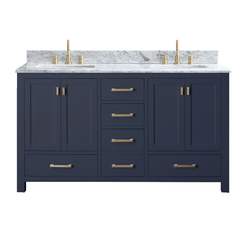 Souther 60" Double Bathroom Vanity with Top, Carrera White Marble, Navy Blue