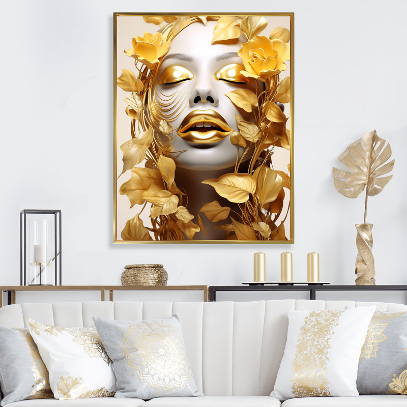 Portrait de femme blanche et dorée avec feuilles I - Fashion Woman, art sur toile, Cadre flottant doré, H 44 po x l 34 po