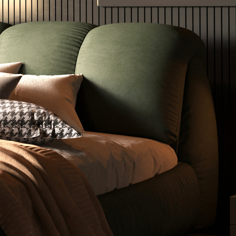 Grand lit plateforme tapissier de luxe avec dossier rembourré surdimensionné et structure en bois massif, convient à plusieurs hauteurs de matelas, vert