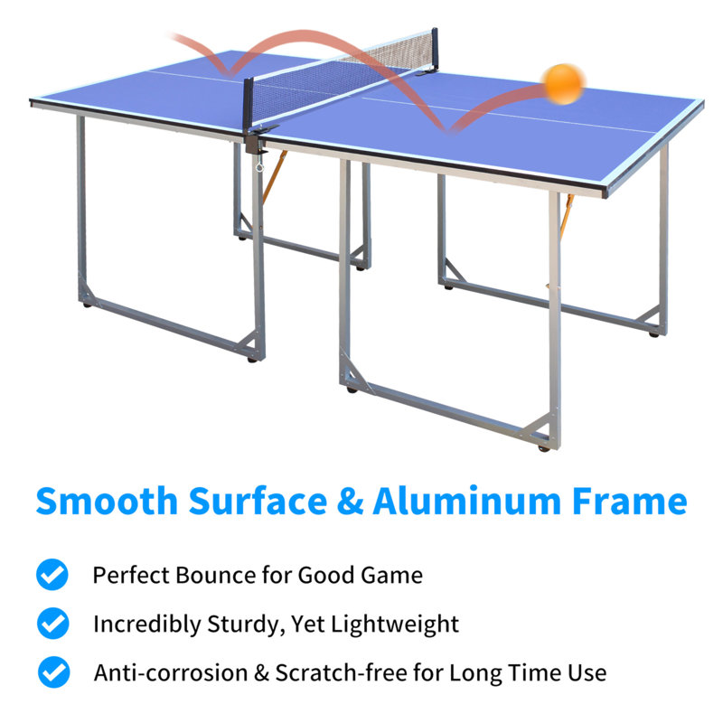 6Ft Mid-Size Table Tennis Table Foldable & Portable Ping Pong Table Set For Indoor & Outdoor Games With Net, 2 Table Tennis Paddles And 3 Balls