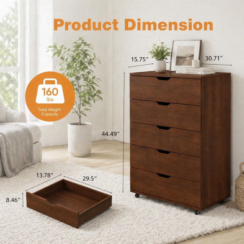Commode mobile à 5 tiroirs avec roulettes, Marron foncé