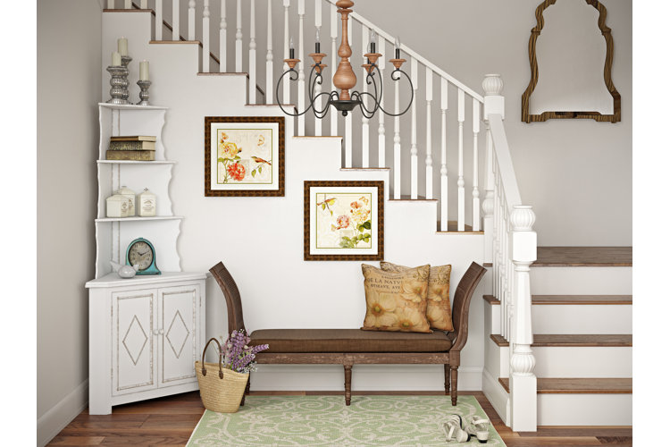 traditional farmhouse entryway with wood furniture and chandelier fixture