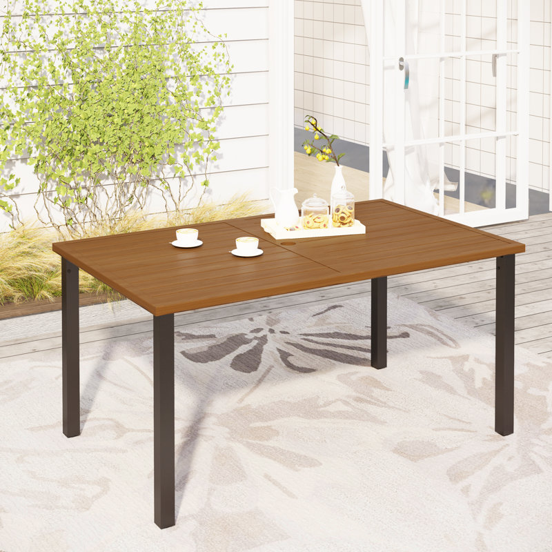 Rectangular Metal Outdoor Dining Table With Umbrella Hole , 152.4cm cm W 91.4cm cm D, Brown