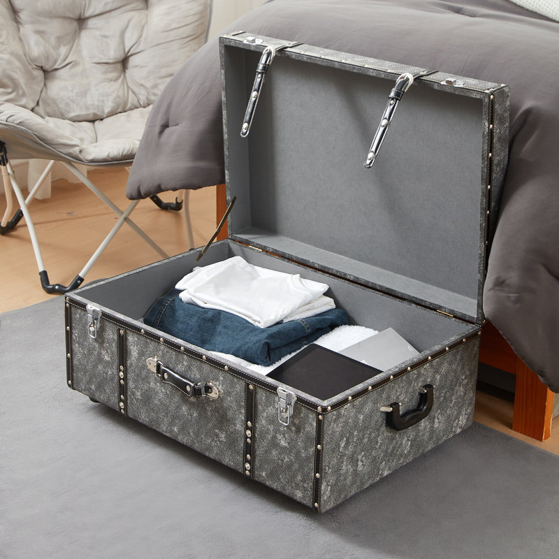 Coffre de rangement texturé avec roulettes - motif marbré, Jean noir
