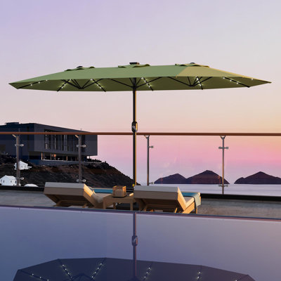 15 FT Patio Umbrella with Base, Solar LED Lights, 10-Rib UV-Resistant Waterproof Outdoor Table Umbrella for Garden, Pool, Deck and Backyard