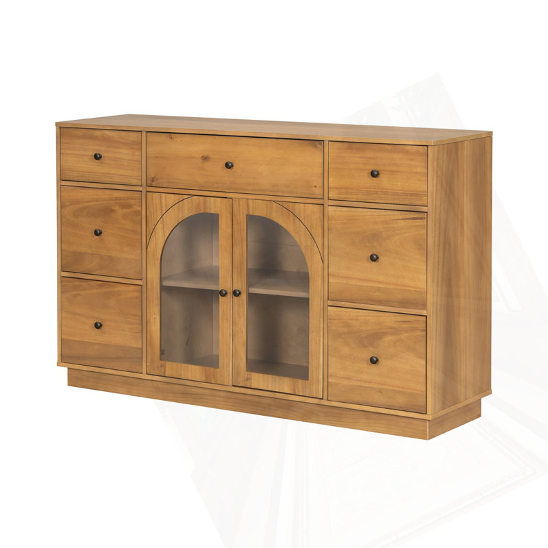 Marenza Contemporary  Wood Sideboard With Glass Cabinet And Drawers, Natural