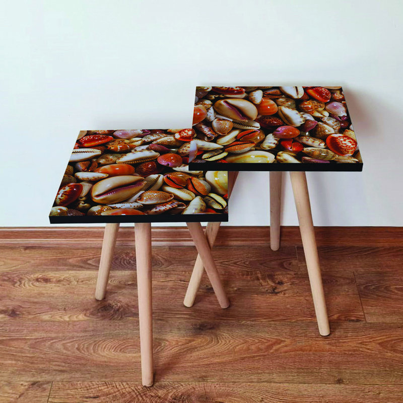 Modern Nesting Table Set (2 Pieces), Orange & Cream with Red Accents, 13.8 x 18.5 x 13.8 in & 13.8 x 16.5 x 13.8 in | 100% MDF with Beech Wood Legs, Stylish & Functional for Living Room or Office Decor
