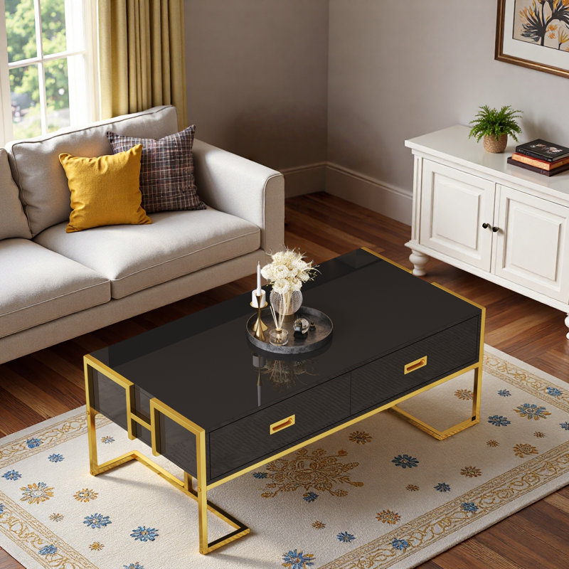 Table basse moderne moderne avec 4 tiroirs et base dorée, Noir