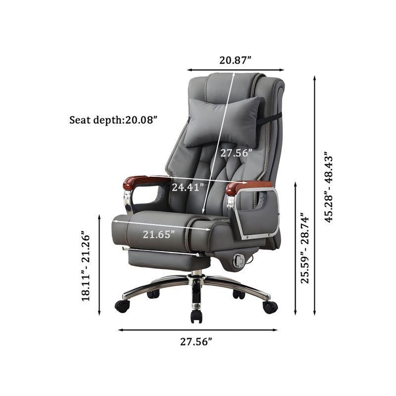Chaise de bureau en cuir véritable gris foncé avec repose-pieds et repose-tête