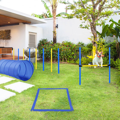 4Pc Canine Training Obstacle - Jump Hurdle, Tunnel, Pause Box, Weave Poles & Transportable Bag Blue/Yellow. Improve Tie-Up, Safe And , Lightweight Deployment Agility Facility Setup Kit Knapsack