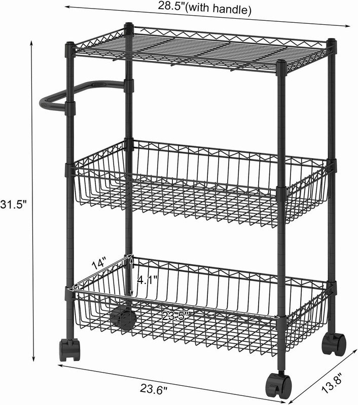 3 Tier Rolling Cart, Metal Kitchen Cart On Wheels with Baskets, Rolling Snack Storage Cart, Black