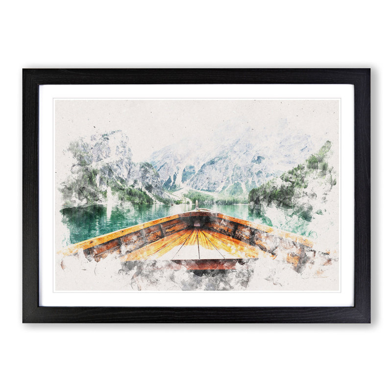 Boat in Lago di Braies Italy - Picture Frame Graphic Art Print, 40cm H x 60cm W x 2cm D, Black Framed