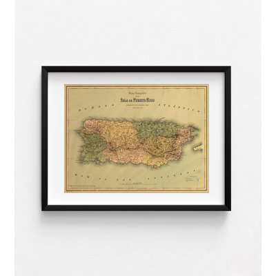 «Porto Rico 1886», carte antique de Porto Rico, affiche de carte de couloir rustique, œuvre de Porto Rico encadrée, entrée de style maison de campagne