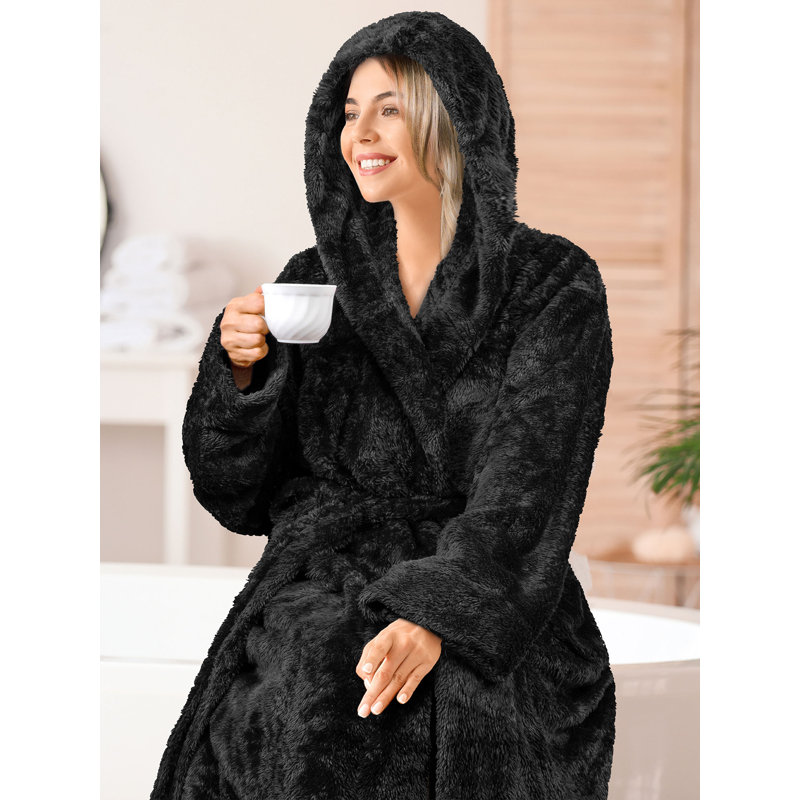 Peignoir 100% molletonné en microfibre de polyester de qualité supérieure avec poches et capuche, Noir, S