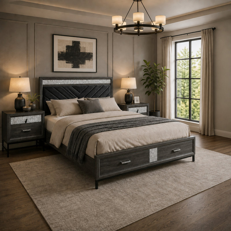 Ensemble de chambre à coucher grand lit, gris, argent, bois noir, ensemble de 3 pièces avec 2 tables de chevet