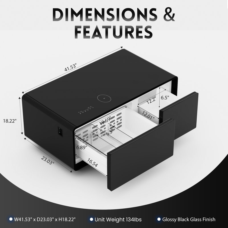 Table basse 93L avec réfrigérateur congélateur, charge multiple et haut-parleur Bluetooth, Noir