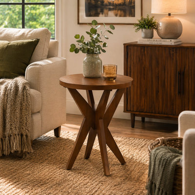 Jahey Wooden Crossed Legs Round End Table with Smooth Top and Sturdy Four-Leg Base